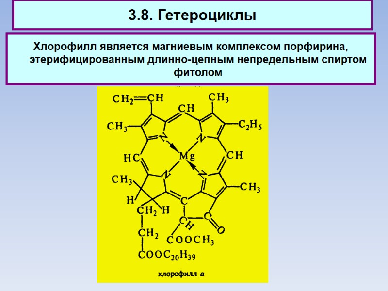 3.8. Гетероциклы Хлорофилл является магниевым комплексом порфирина, этерифицированным длинно-цепным непредельным спиртом фитолом